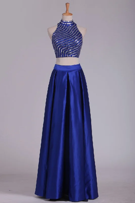 Two Pieces Prom Dresses High Neck Satin With Rhinestones And Slit