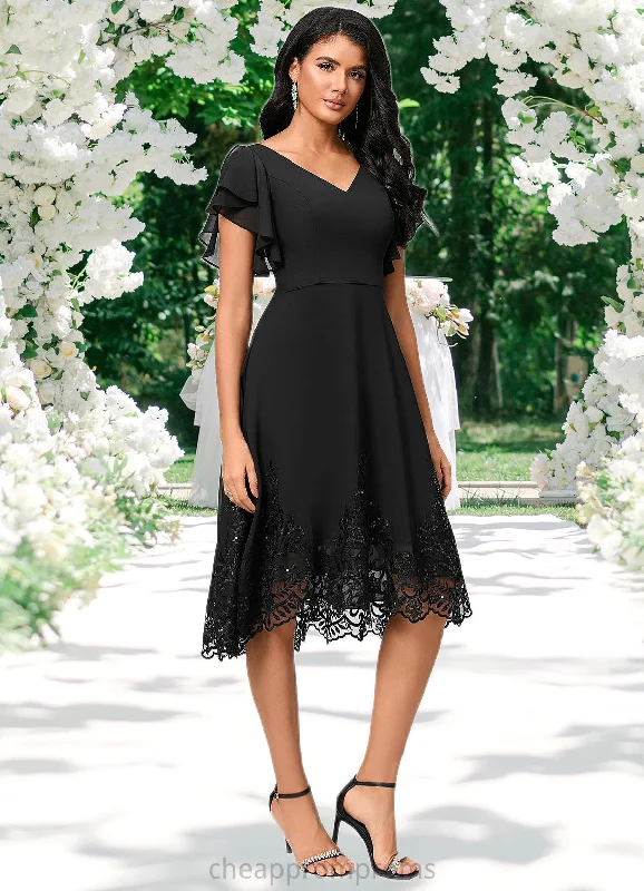 Kaylah A-line V-Neck Asymmetrical Chiffon Lace Cocktail Dress With Sequins STIP0022377