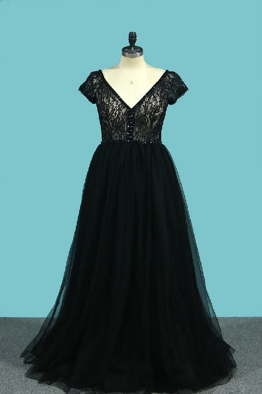 V Neck Short Sleeves A Line Evening Dresses Tulle & Lace Sweep Train