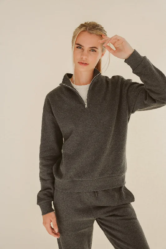 Half Zip Sweater Dark Grey Ribbed Striped Patterned