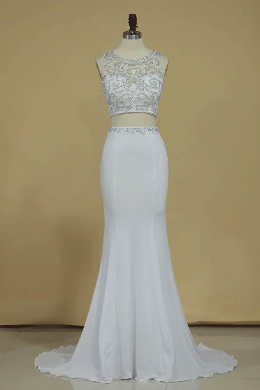 Two Pieces Scoop Beaded Bodice Mermaid Prom Dresses Sweep Train
