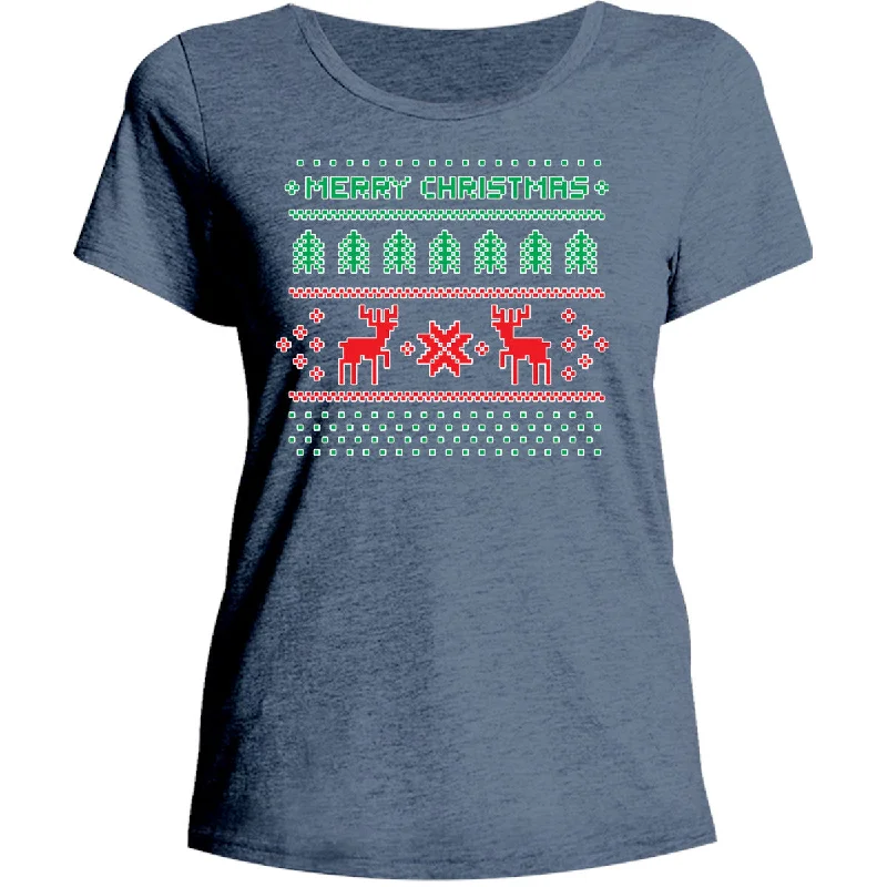 Christmas Sweater - Ladies Relaxed Fit Tee Print Jacquard Patchwork