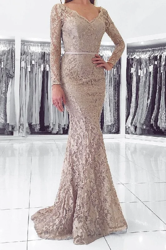 V Neck Long Sleeves Mermaid Lace Mother Of The Bride Dresses