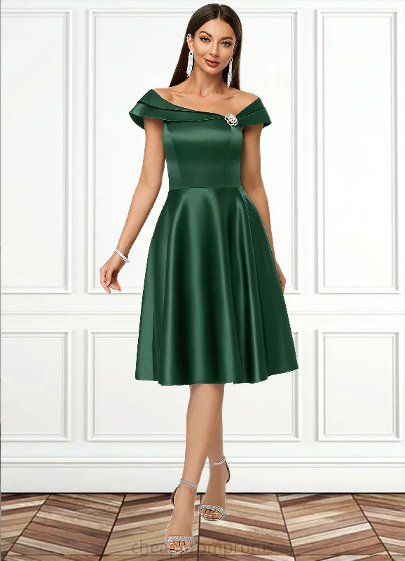 Susan A-line Asymmetrical Knee-Length Satin Cocktail Dress With Rhinestone Crystal Brooch STIP0022407