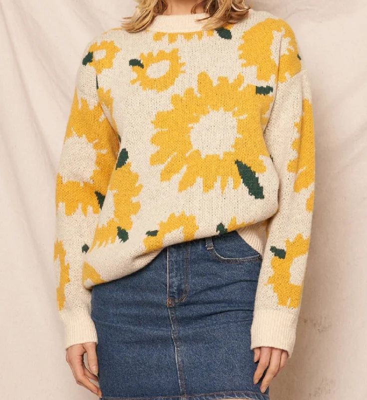 Round Neck Sunflower Knit Sweater Spandex Blend Rayon Blend Denim Blend