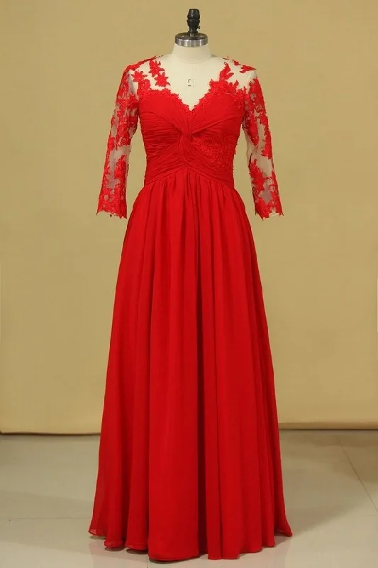 2024 V Neck 3/4 Length Sleeve Chiffon Mother Of The Bride Dresses With Applique PH6XET63