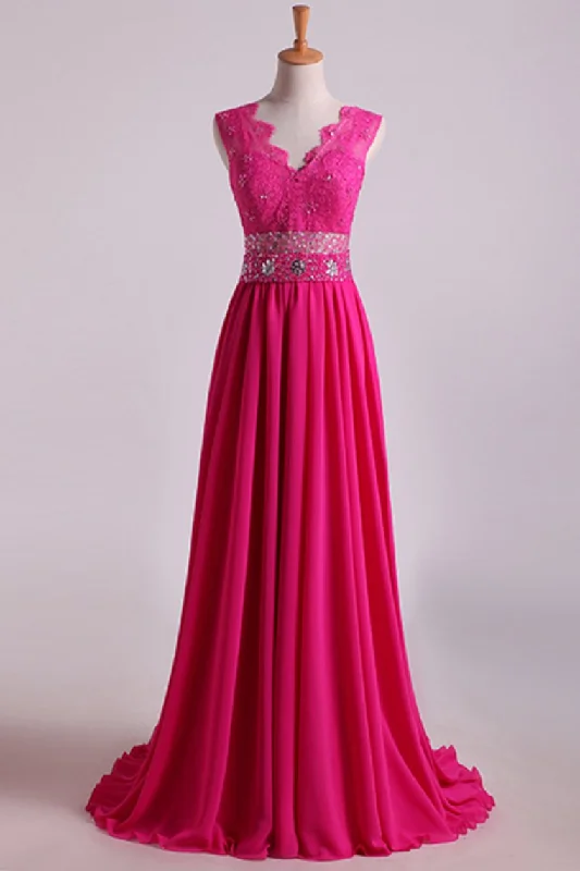 V Neck Tulle&Lace Back A Line Exquisite Chiffon Beading Prom Dress