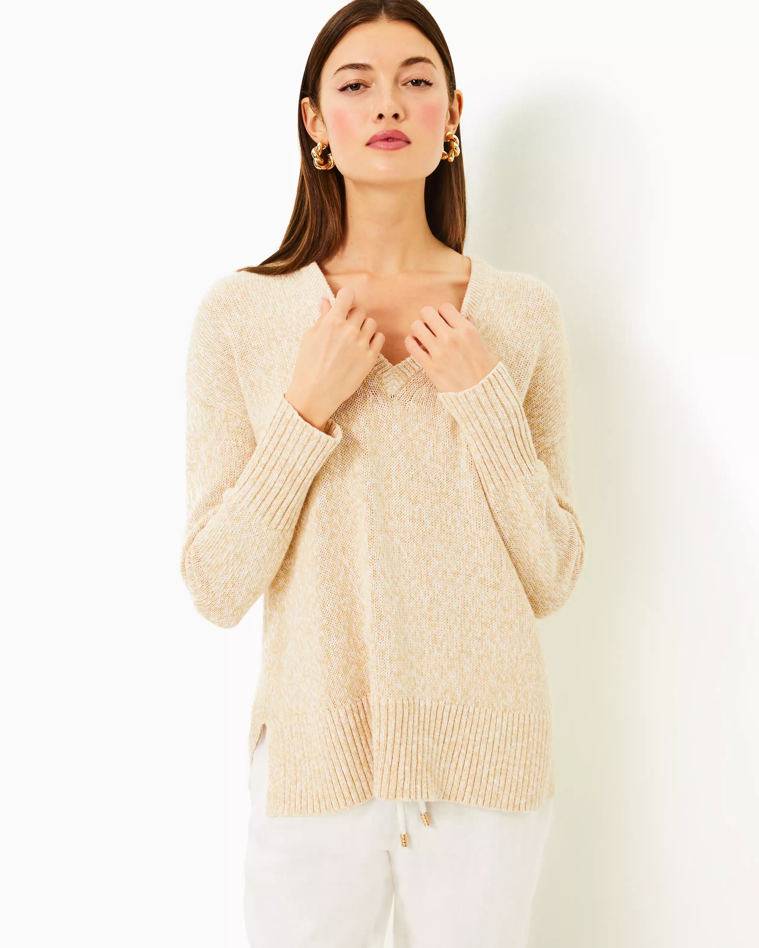 Lilly Pulitzer Women's Bedford Sweater - Wicker Tan Marl Rayon Fabric Velvet Fabric Corduroy Fabric