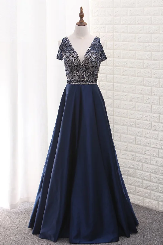V Neck Beaded Bodice Satin A Line Open Back Floor Length Prom Dress