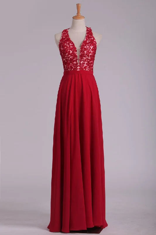 V Neck Prom Dresses A Line Chiffon With Applique And Beads Open Back Floor Length