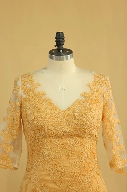 2024 Plus Size Half Sleeves V Neck Mother Of The Bride Dresses Mermaid Tulle With Applique Sweep Train Color PNLP89Z5