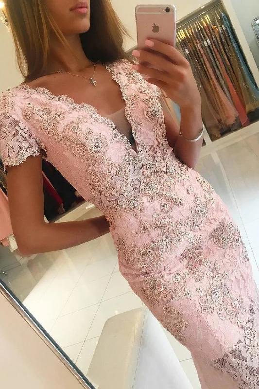V Neck Short Sleeves Prom Dresses Mermaid Lace With Applique And Beads