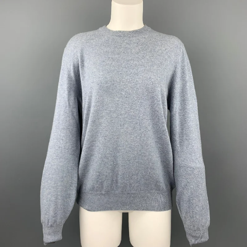 BRUNELLO CUCINELLI Size 14 Blue Cashmere Suede Crew-Neck Sweater Silk Blend Satin Velvet