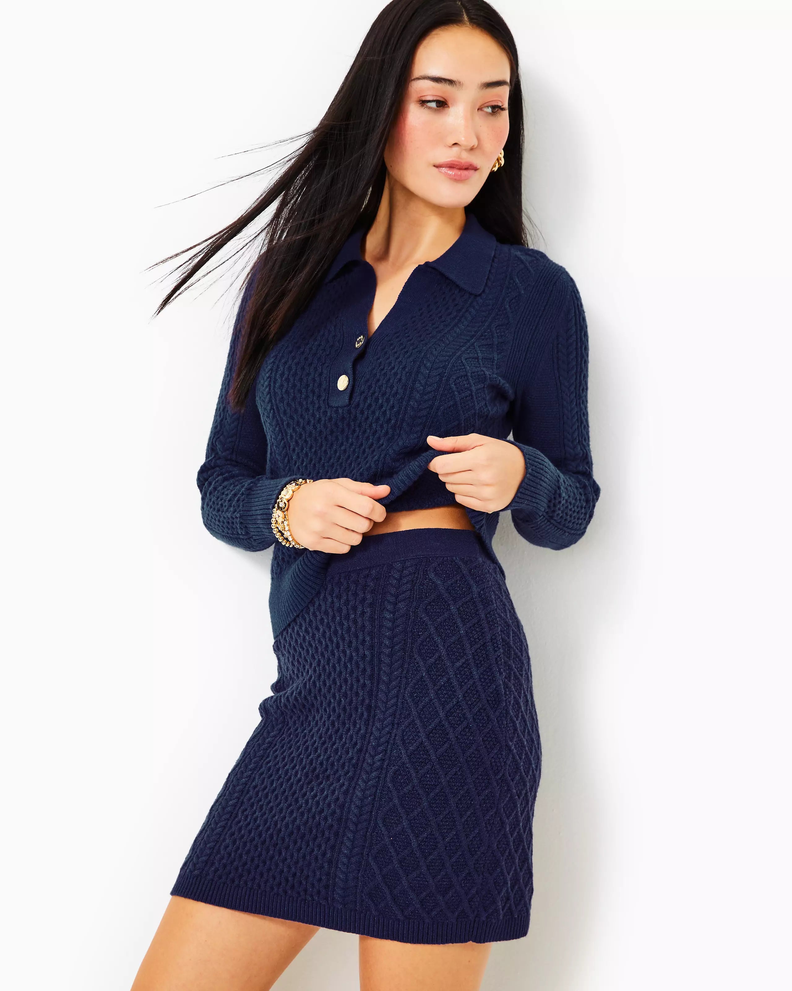 Lilly Pulitzer Women's Lizona Polo Sweater - Low Tide Navy Jersey Fabric Tulle Fabric Batik Fabric