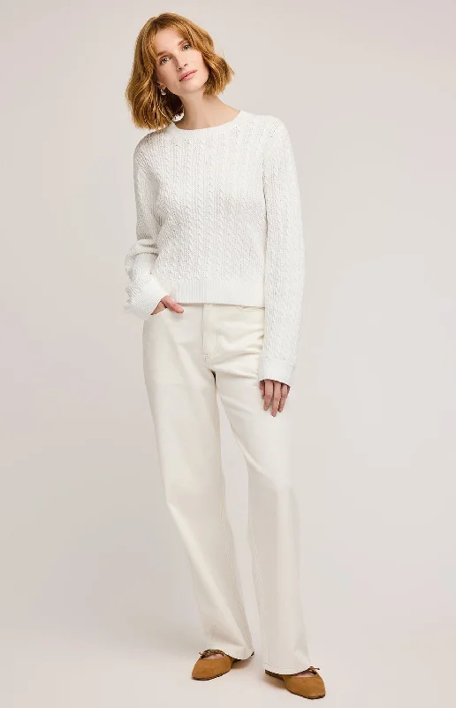 JANICE SOFT CABLE KNIT SWEATER - WHITE Denim Fabric Leather Fabric Suede Fabric