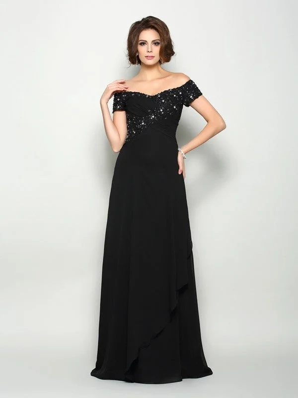 A-Line/Princess Off-the-Shoulder Beading Short Sleeves Long Chiffon Mother of the Bride Dresses TPP0007300