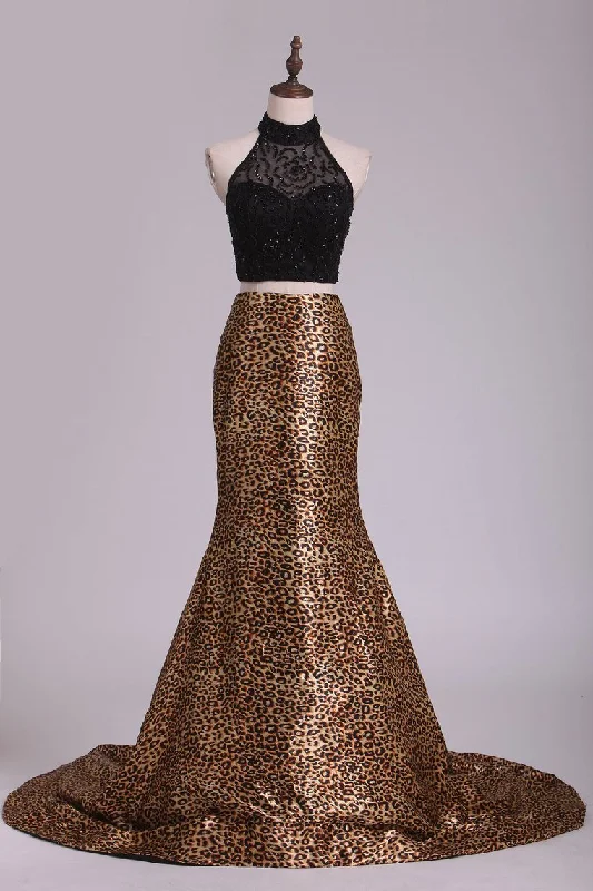Two Pieces Mermaid Prom Dresses High Neck With Beading Sweep Train