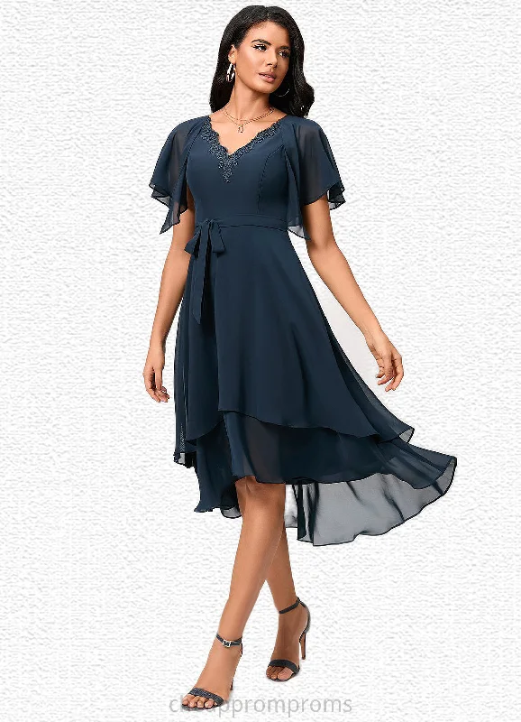 Aliyah A-line V-Neck Asymmetrical Chiffon Lace Cocktail Dress STIP0022461