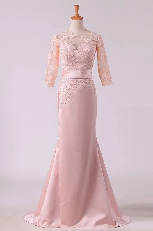 2024 Mother Of The Bride Dresses Mermaid Bateau 3/4 Length Sleeve Satin With P8TC1CYX
