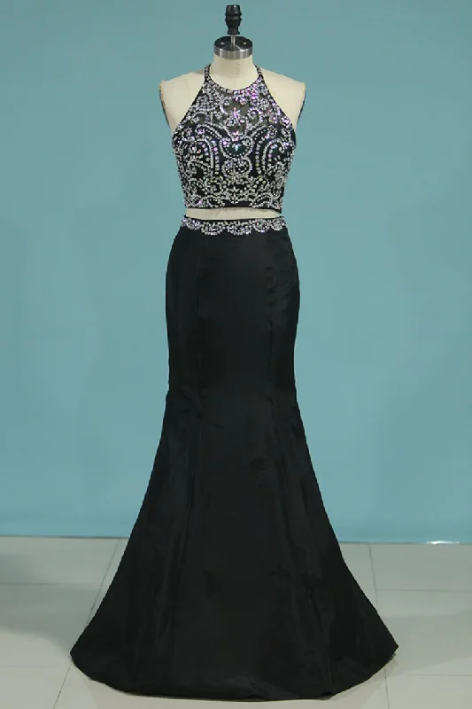 Two-Piece Scoop Beaded Bodice Prom Dresses Mermaid Taffeta