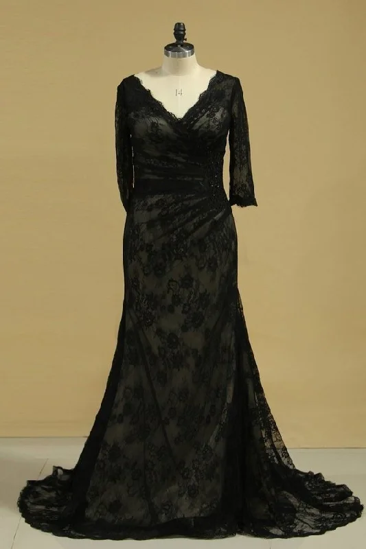 2024 Lace V Neck Mother Of The Bride Dresses Mermaid With Beads And PNMBDCJH