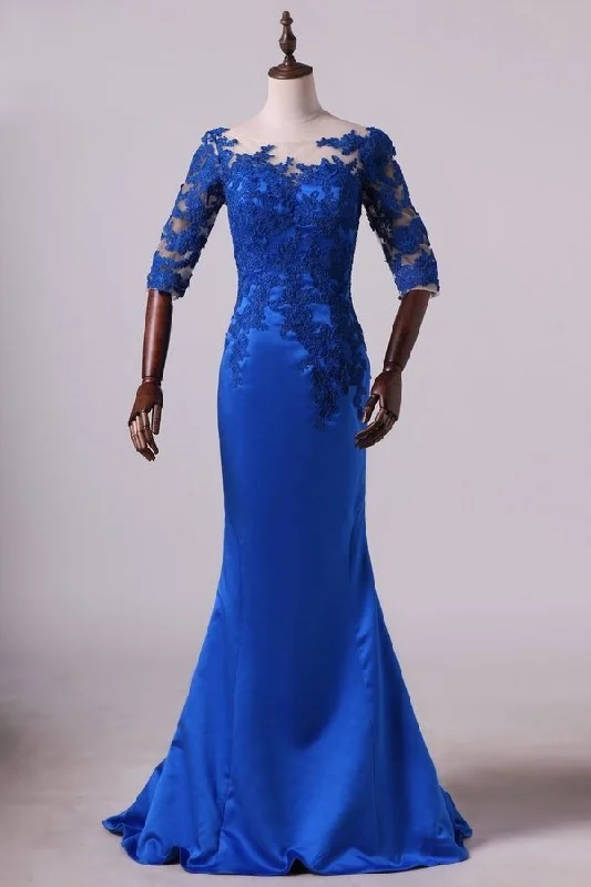 2024 Hot Bateau Dark Royal Blue Mother Of The Bride Dresses 3/4 Length Sleeve With Applique P3F4ASXD
