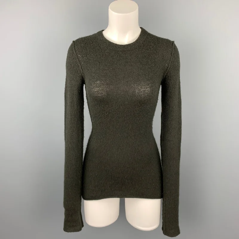 INHABIT Size S Olive Knitted Cashmere Blend Crew-Neck Sweater Beaded Sweater Sequined Faux Fur