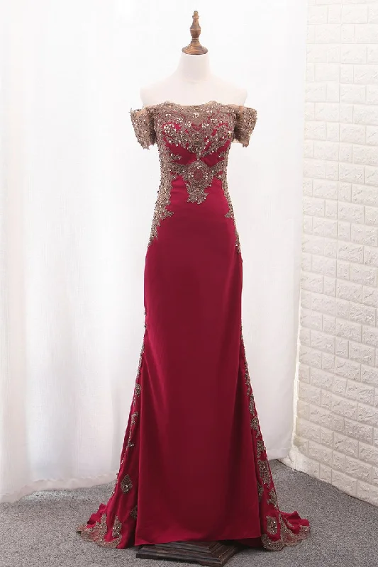 Unique Off The Shoulder Mermaid Evening Dresses Satin With Applique And Beads