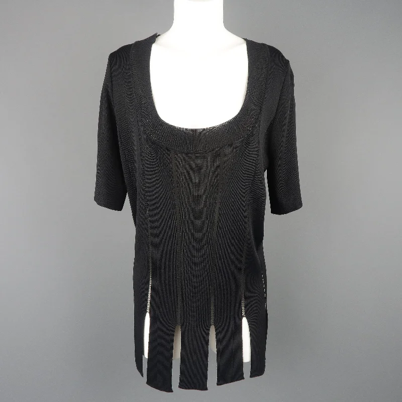 CLAUDE MONTANA Size 10 Black Burnout Stripe Scoop Neck Sweater Dress Turtle Neck Boat Neck Asymmetrical Neck