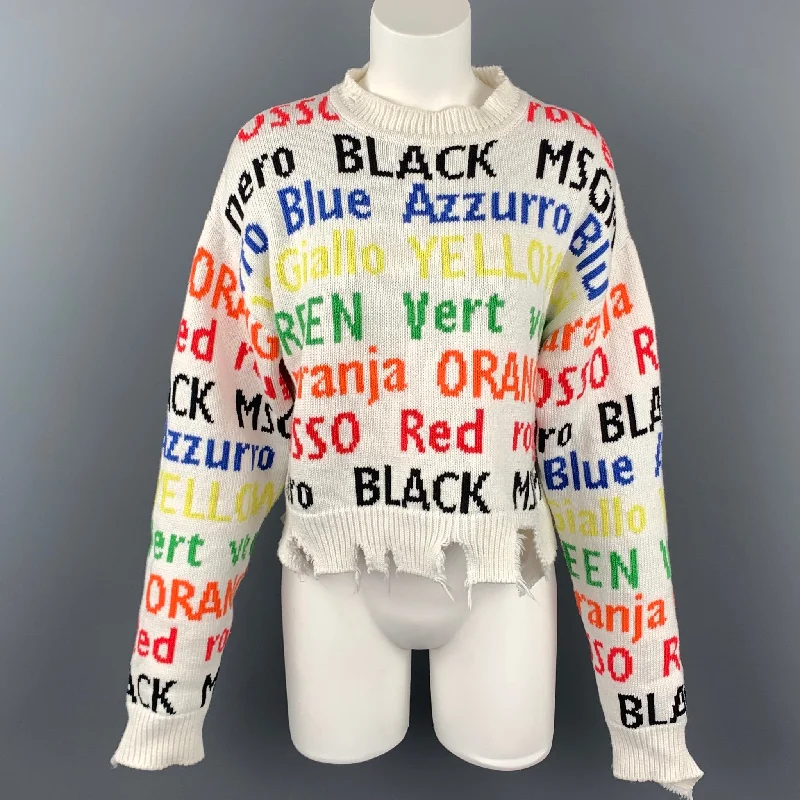 MSGM Size M White & Multi-Color Knitted Distressed Cotton / Acrylic Sweater High Neck Crew Neck V-Neck
