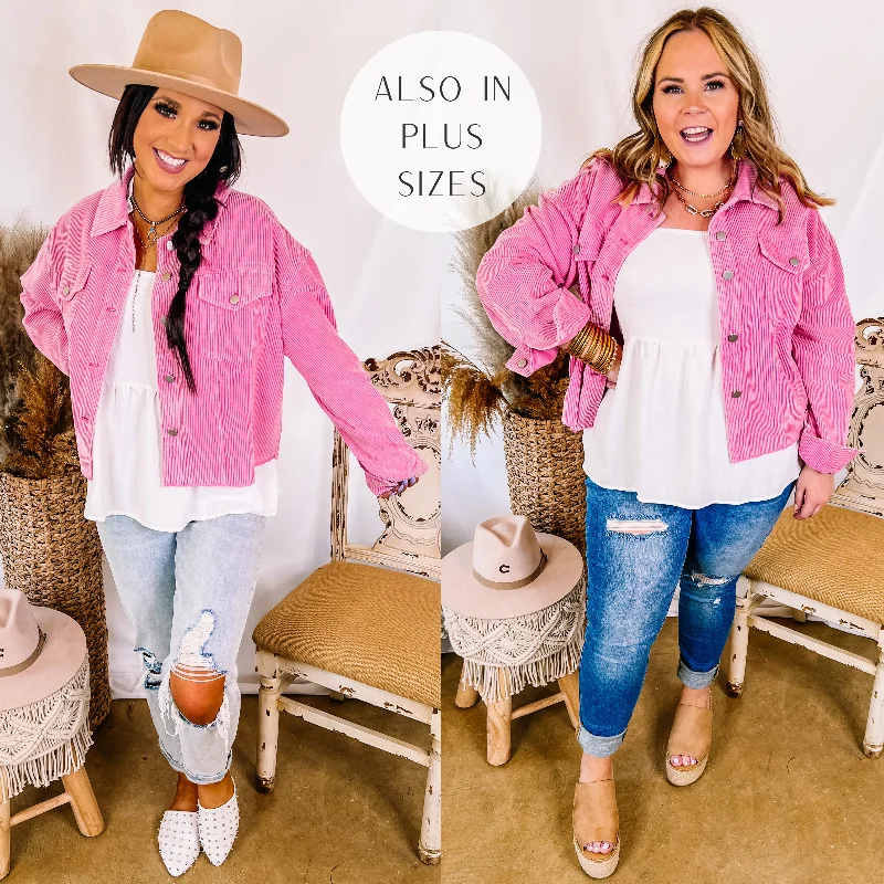 Edgy and Chic Button Up Corduroy Jacket with Raw Hem in Hot Pink