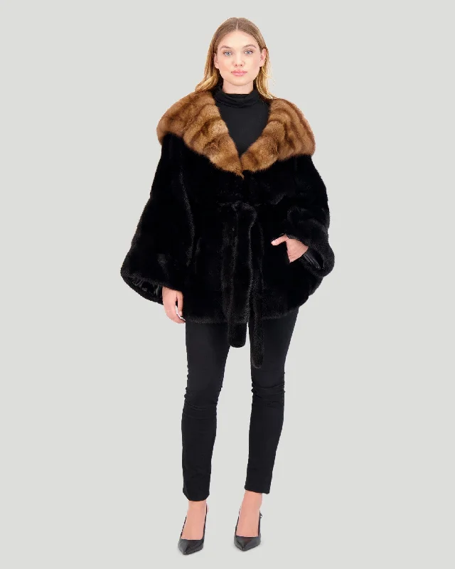 Horizontal Mink Cape With Sable Hood, Mink Belt