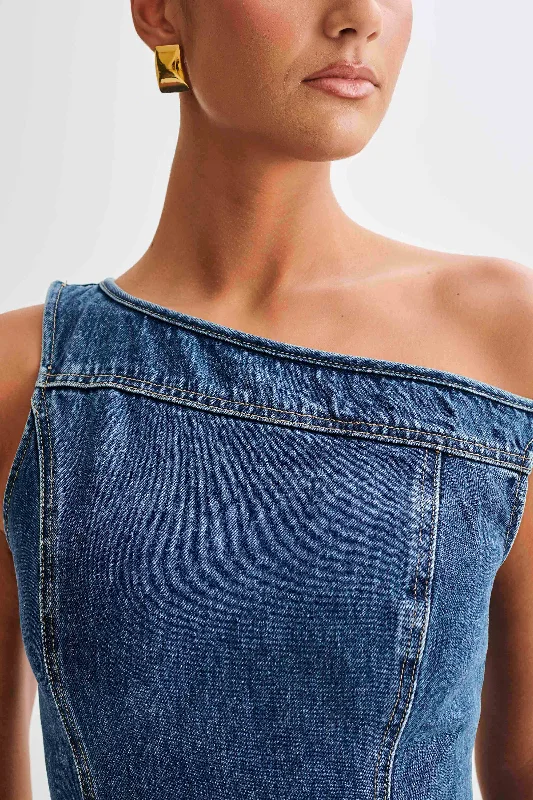 Baker Off Shoulder Denim Mini Dress - Dark Blue