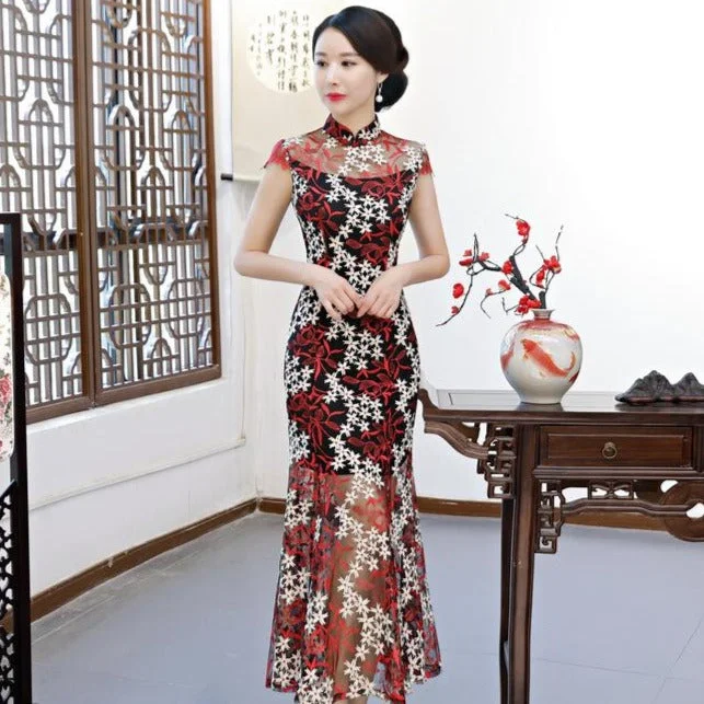 Cap Sleeve Illusion Neck Mermaid Cheongsam Floral Lace Chinese Dress