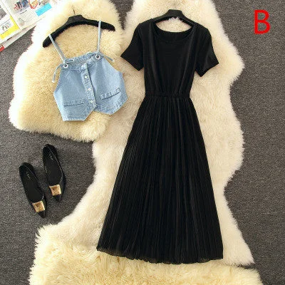 Chiffon dress + denim strap two-piece yv42241