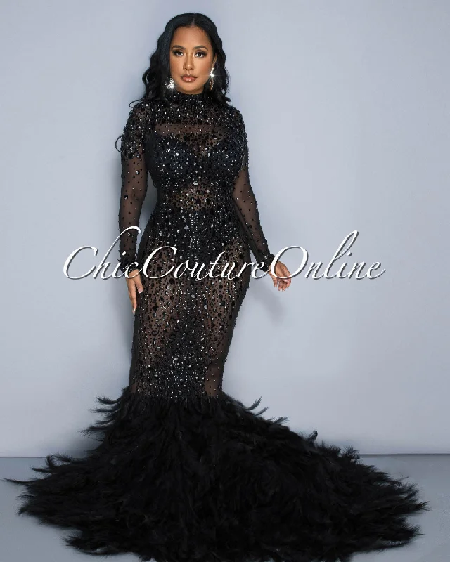 Dianne Black Mesh Rhinestones Feathers Statement Hem Gown