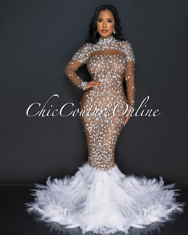 Dianne Brown Mesh Rhinestones White Feathers Statement Hem Gown