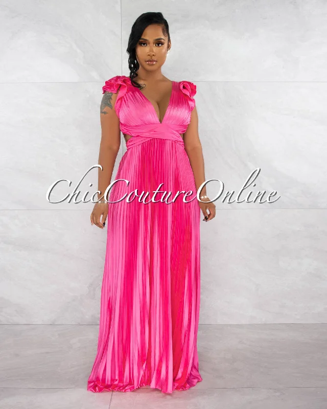 Elaine Pink Ruffle Lace-Up Back Pleated Silky Maxi Dress