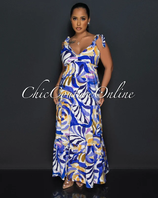 Finda Blue Cream Print Ruffle Maxi Dress