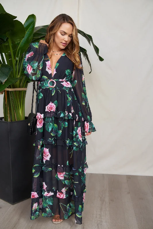 Floral Print Deep V-Neck Maxi Dress