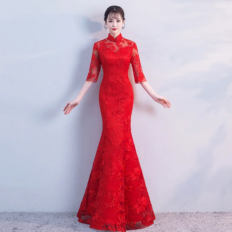 Half Sleeve Cheongsam Top Floral Lace Mermaid Evening Dress