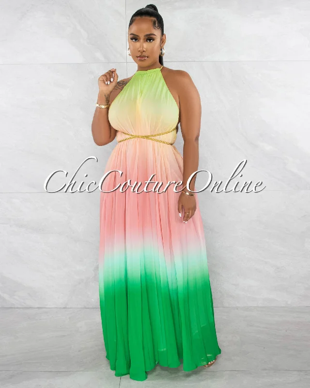 Lestine Salmon Green Ombre Halter Maxi Pleated Dress