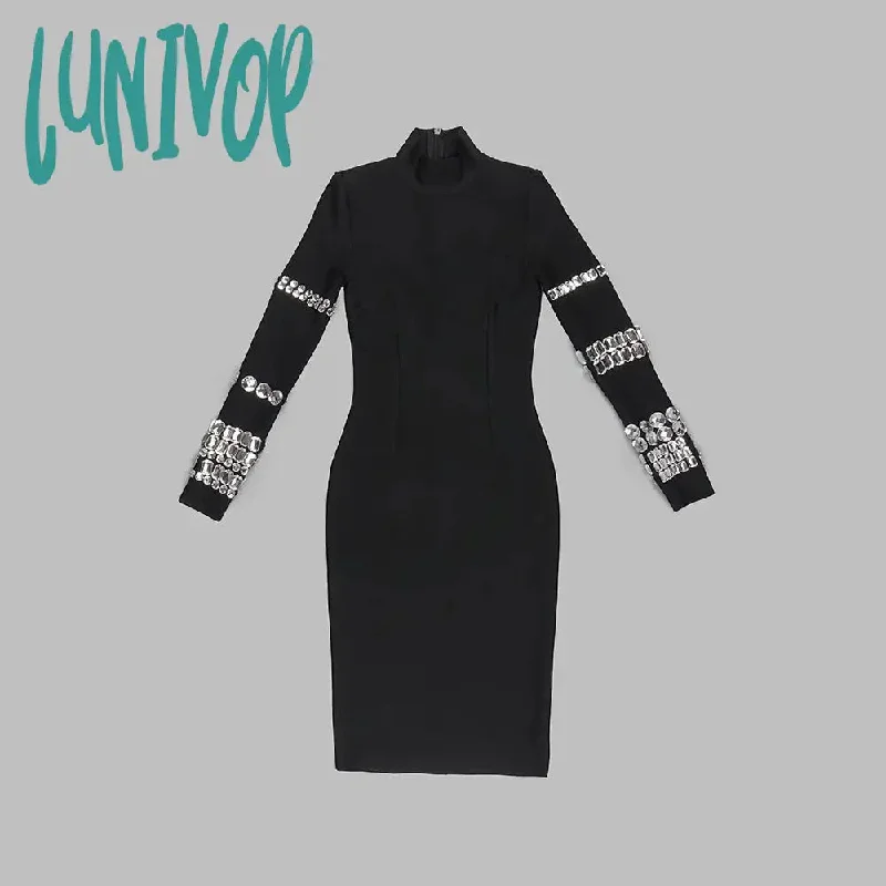 Lunivop Elegant Women'S Luxury Long Sleeve Diamond Sexy Black Bandage Dress Vestidos Para Mujer Evening Party Prom New In Dresses Robe