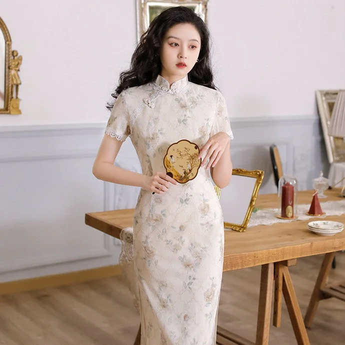 Short Sleeve Floral Tulle & Chiffon Traditional Cheongsam Chinese Dress with Lace Edge