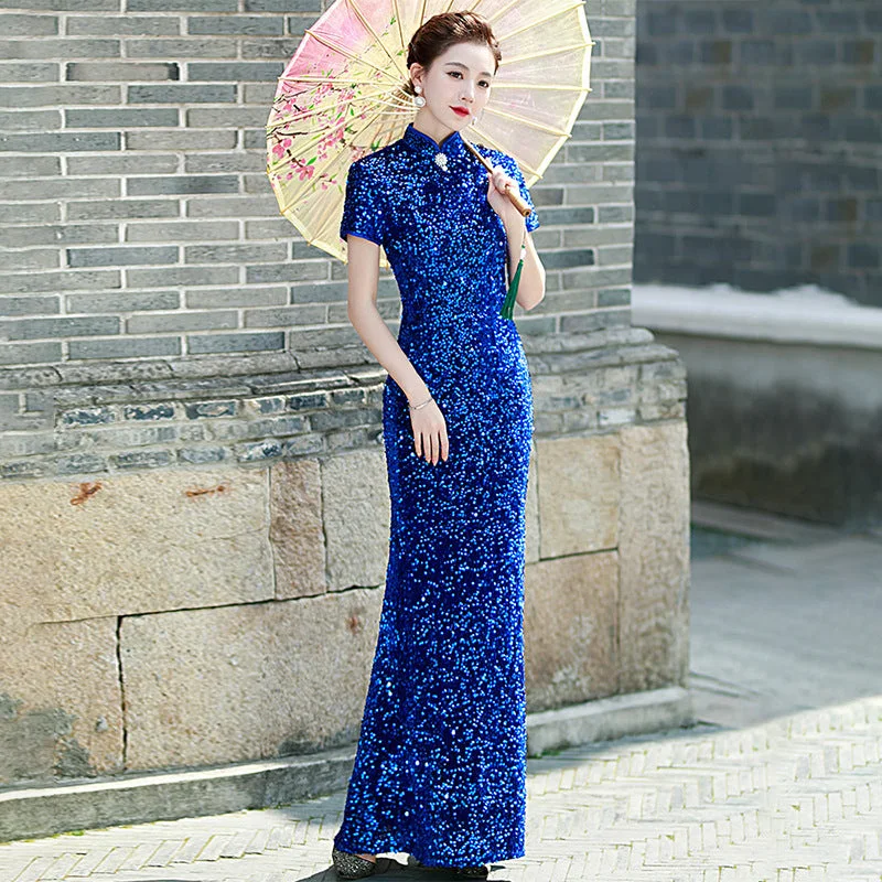 Short Sleeve Full Length Cheongsam Mermaid Chinese Dress Full of Sequins