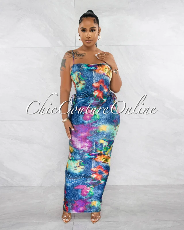 Venia Blue Denim Print Lace-Up Sides Maxi Dress