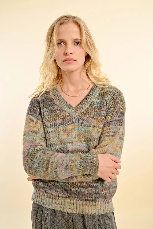 V-Neck Marled Sweater - Grey