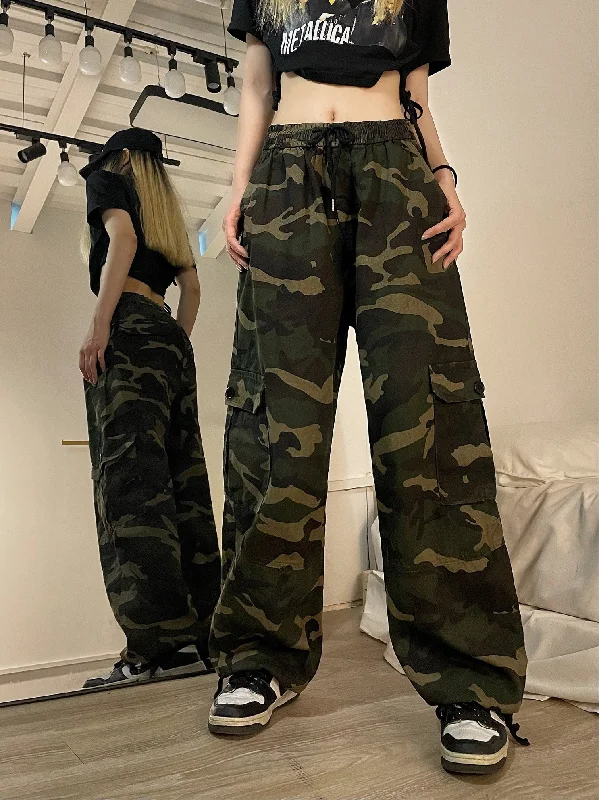 Brianna Army Green Camouflage Streetwear Multi-Pocket High Waist Straight Leg Cargo Pants