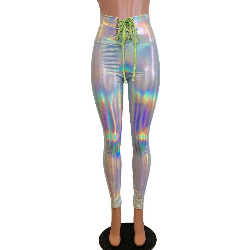 Lace-Up High Waist Leggings - Opal Holographic Iridescent