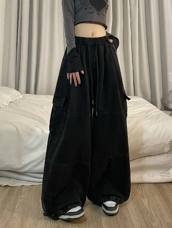 Vivienne Solid Color Retro Streetwear Straight Wide Leg Multi-Pocket High Waist Cargo Pants